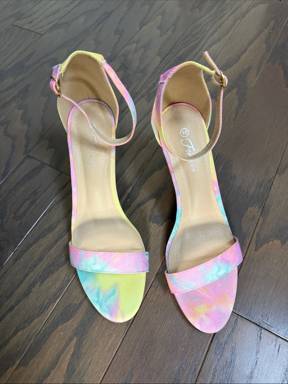 Forever 21 Pastel Tie-Dye Ankle Strap Heels - Pink, Yellow, Blue